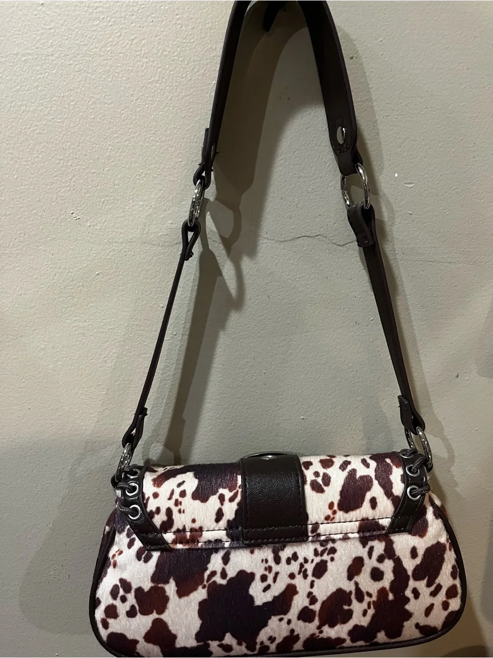 Women's Cowhide Print Shoulder Bag - Brown & White